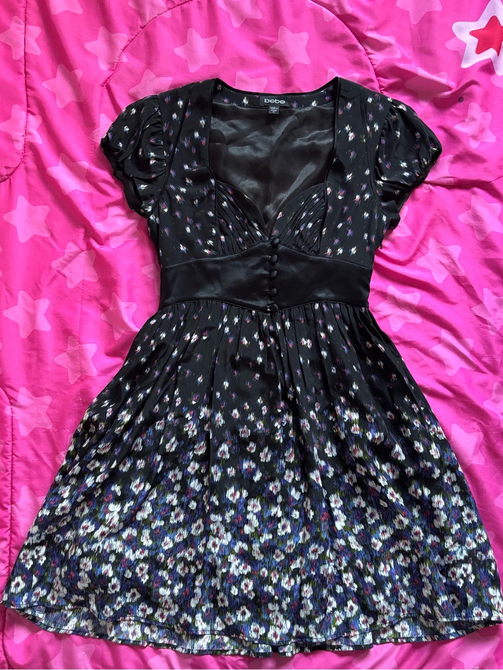 bebe Black Floral Sweetheart Fit-and-Flare Dress Size XS